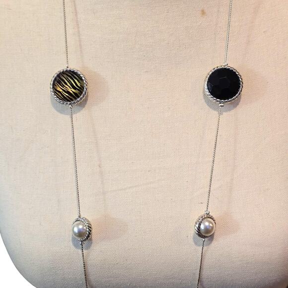 Long Statement Necklace Silver Black Pearl Tiger Stripe Bead Fashion Jewelry 32i - Picture 3 of 8